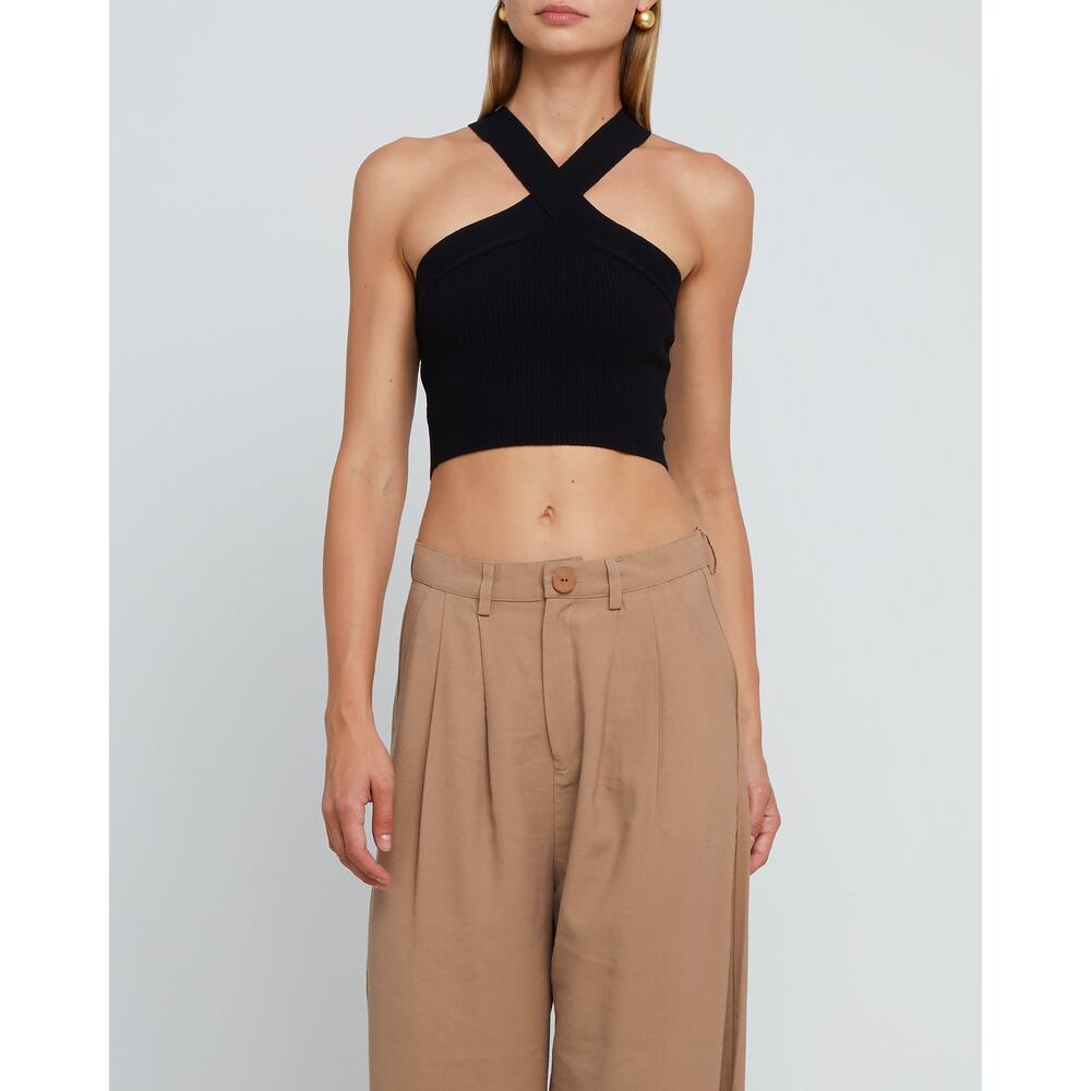 Black Halter Neck Ribbed Top - Picture 2 of 7